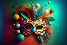 Carnival Mask On A Stylish Bright Saturated Background With Decorative Elements For A Holiday Or Party