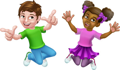 Poster - Two kids, girl and boy, cartoon character children jumping for joy