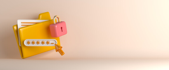 Fototapete - Yellow folder files padlock cartoon style, data security concept, 3d rendering illustration