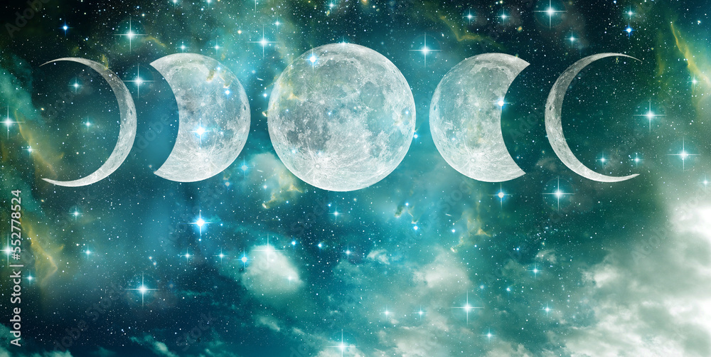Moon or Luna and its three phases, New moon, waxing crescent, waning ...