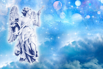 Wall Mural - angel archangel with universe - planets, cosmic light, sky and nebula - with copy space like spiritu