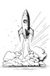 Cartoon rocket launch. Black contours on a white background