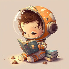 a cute and clever boy reading a book in astronaut costume generative AI