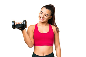 Wall Mural - Young sport woman making weightlifting with happy expression