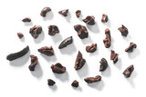 Fototapeta  - Cacao nibs, a pieces of broken cocoa beans isolated png, top view