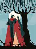 Fototapeta Do akwarium - Vector illustration of a couple. The knight and lady look at each other. Fantasy, medieval. Character design