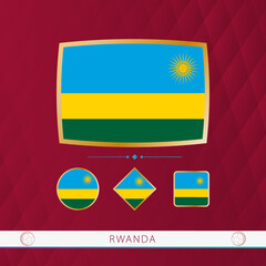 Wall Mural - Set of Rwanda flags with gold frame for use at sporting events on a burgundy abstract background.