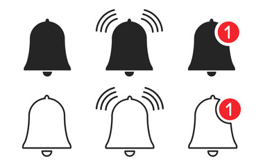 Fototapete - Notification message bell icon set. Monochrome bells signs in fill and outline style. Template design for alarm clock, incoming message, social media, ui, ux, ringing bell. Vector illustration