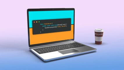 Poster - Coding hello world in java displaying on 3d laptop screen with coffee mug alongside. Hello world in java programming language 