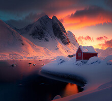 House In Lofoten In Norway At Sunset Near Mountain