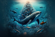 Animals Of The Ocean Celebrating Christmas Around Christmas Tree With Many Gift