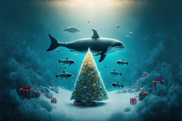 animals of the ocean celebrating christmas around christmas tree with many gift