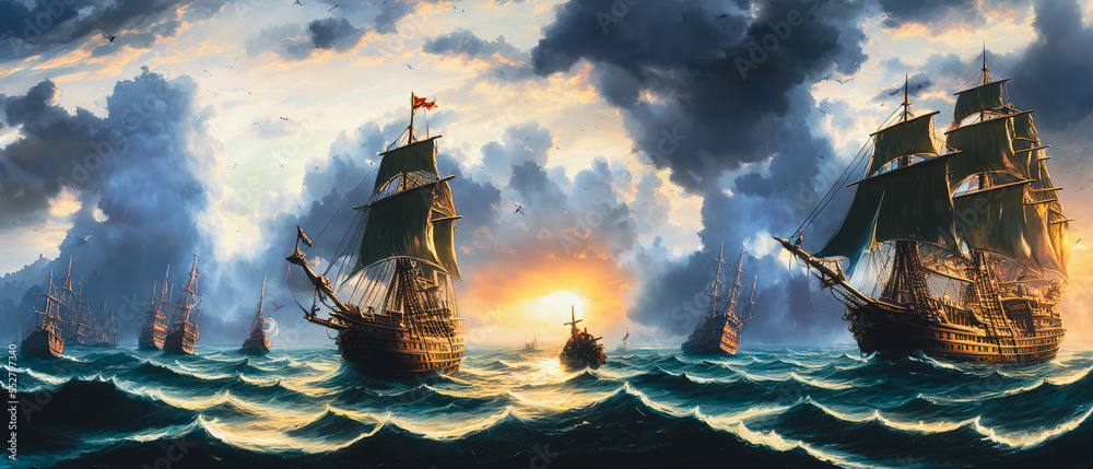 Old sailing pirate ship lost in the ocean in a stormy night. Concept ...
