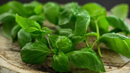 Wall Mural - Fresh green basil leaves on a wooden board, close up view