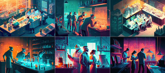 Poster - Scientific research. Scientists people in lab coats, scientific research and chemical laboratory experiments. AI