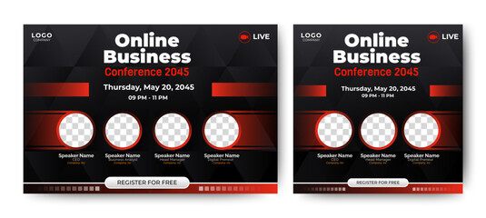 Online Business Conference live webinar banner invitation and social media post template. Abstract Black background cover. Business webinar invitation design.	