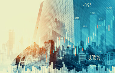 Wall Mural - Financial graphs and digital indicators overlap with modernistic urban area, skyscrabber for stock market business concept. Double exposure.