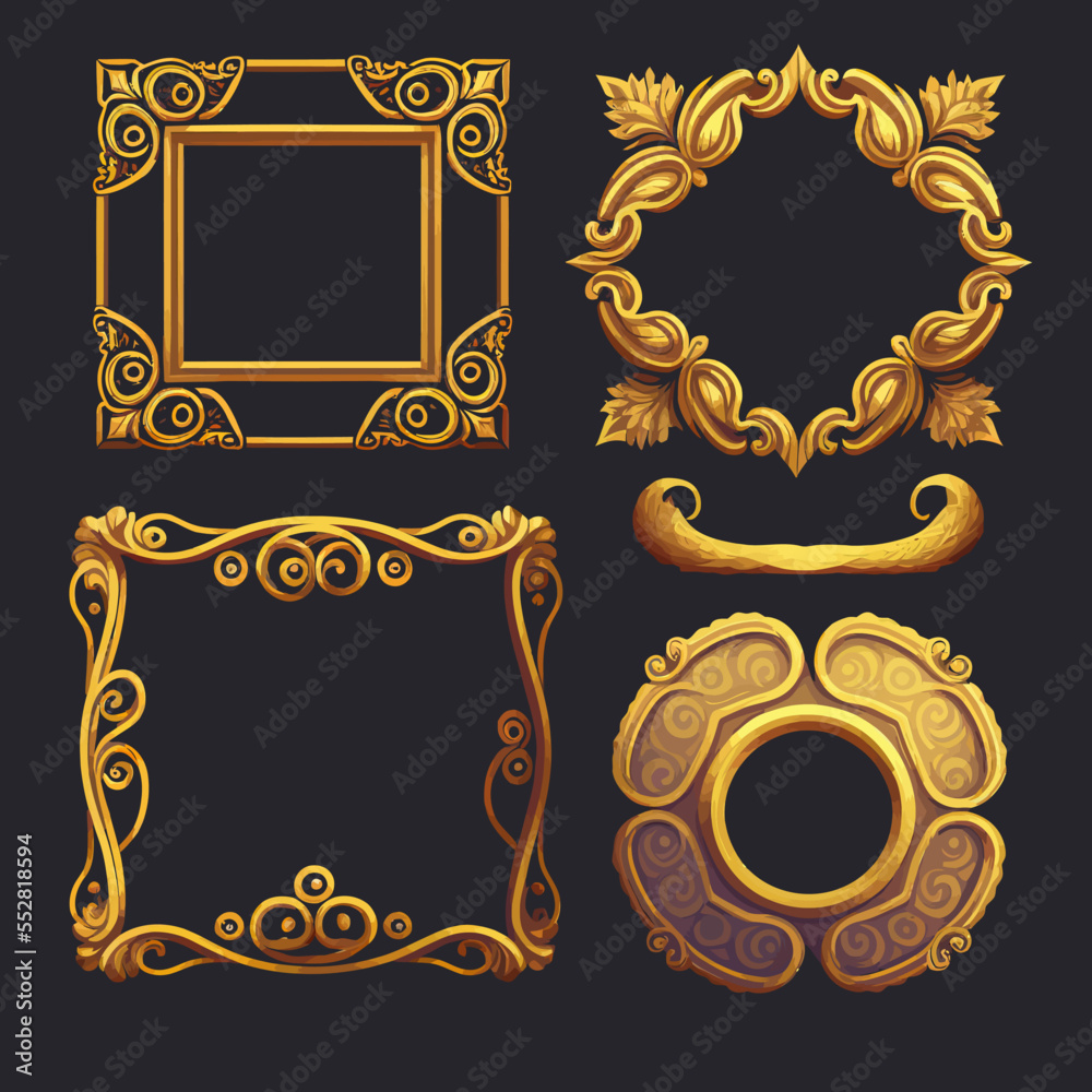 Game ui frames, gold medieval menu elements avatar UI fantasy gold ...