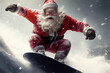 © Anna Hoychuk - Santa Claus Snowboarding in Hurry to Deliver Presents. Generative ai