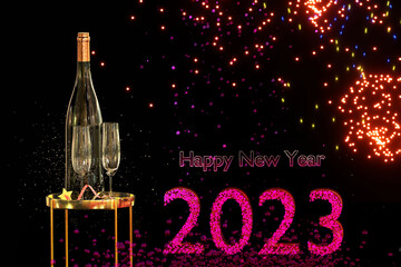 Bottle of champagne with two glasses and Happy New Year 2023 text on fireworks display background. 3D render illustration.