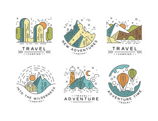 Wall Mural - Summer Travel and Adventure with Mountain, Lighthouse and Hot Air Balloon Line Vector Set