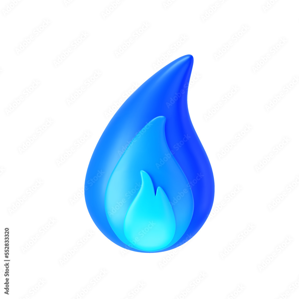 3d blue fire flame icon isolated on white background. Render sprite of ...