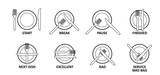 Fototapeta  - The language of cutlery, eating rules. Dining etiquette at the table. Cutlery etiquette. Plate, fork, knife, spoon icon. Basic Restaurant Etiquette. Ready to eat. Cartoon table manners.