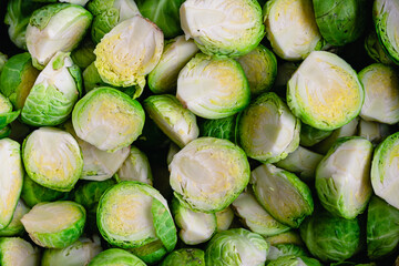 Canvas Print - Closeup View of Raw Trimmed and Halved Brussels Sprouts: Close up of uncooked Brussels sprouts that have been cut in half