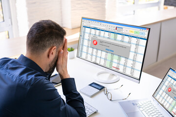 Poster - Worried Man At Computer With System Failure Screen