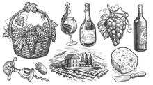 Wine Set. Viticulture Concept Vintage Illustration. Collection Of Hand Drawn Sketches For Restaurant Menu