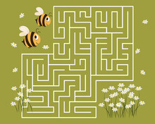 Children's Educational Maze With Funny Bees And Daisies. Educational Illustration For Preschoolers, Print, Vector