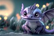 Cute silver and violet baby dragon creature, winter background, generative ai.