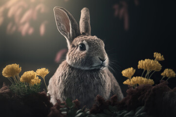 Portrait of a cute rabbit in nature. AI