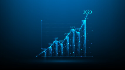 Canvas Print - business finance investment graph growth in new year 2023. rising stock chart on blue dark background.