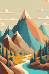 Wall Mural - illustration rocky mountains on the river. mountains above the lake nature