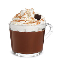 Wall Mural - Glass cup of delicious hot chocolate with whipped cream on white background