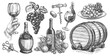 Wine concept. Viticulture set. Collection of hand drawn sketches for restaurant menu. Vintage illustration