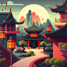 Illustration Of Asian Chinese Japan Temple Castle And Mountains Background