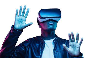 african man playing video game with virtual reality headset, trying to touch something with hands in