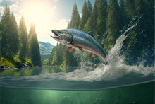 Wild Chinook Salmon Fish Jumping Out Of River Water In A Forest. Created Your Generative AI Software