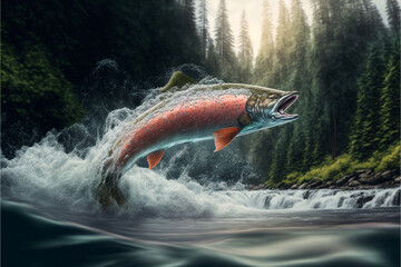 Wall Mural - Wild chinook salmon fish jumping out of river water in a forest. Created your generative AI software