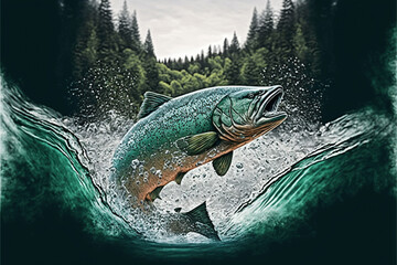 Wall Mural - Wild chinook salmon fish jumping out of river water in a forest. Created your generative AI software