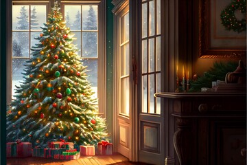 Wall Mural - Generative AI render of a Christmas tree