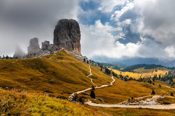 Fototapete - Stunning nature landscape. Cinque Torri rocks in Dolomites. Picturesque Dolomite Alps, active summer holiday. Adventure freedom concept.