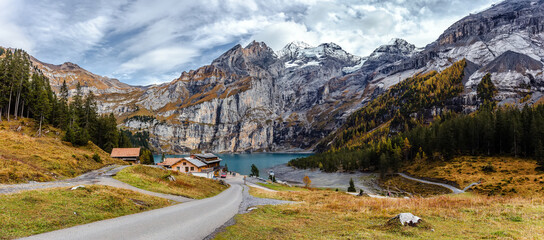 Poster - Scenic sunny landscape in mountains. Amazing nature landscape. Wonderful autumn scenery.  panoramic view no alpine highlands near Oeschinnensee lake. Switzerland. Europe. popular travel destination.