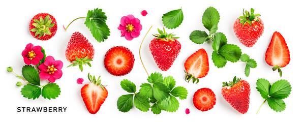 Wall Mural - Strawberry fruits, flowers and leaves set on white.