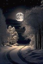 Landscape With Moon Moonlit Night Frost Pm Branches Snow And A Home Cottage House