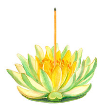 A Stand In The Form Of A Yellow-green Lotus Flower On A Leaf For Burning Aroma Stick. The Candlestick Is Floral With Petals. Aromatherapy Facility, Spa. Watercolor Illustration On A White Background