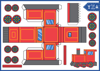 Poster - Cut and glue a paper train. Kids craft activity page. Children worksheet. Create 3d model toy. Printable vector child art game.