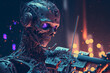 illustration sci-fi futuristic theme of robot , cyborg, or humanoid is playing violin with bokeh light background